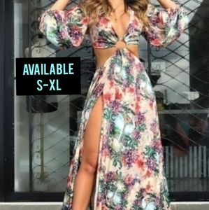 O-Ring Cutout Dress W/ Skirt Slit Lantern Sleeves